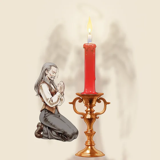 Vela vermelha acesa num castiçal, uma pessoa orando e o anjo Yelahiah ao fundo