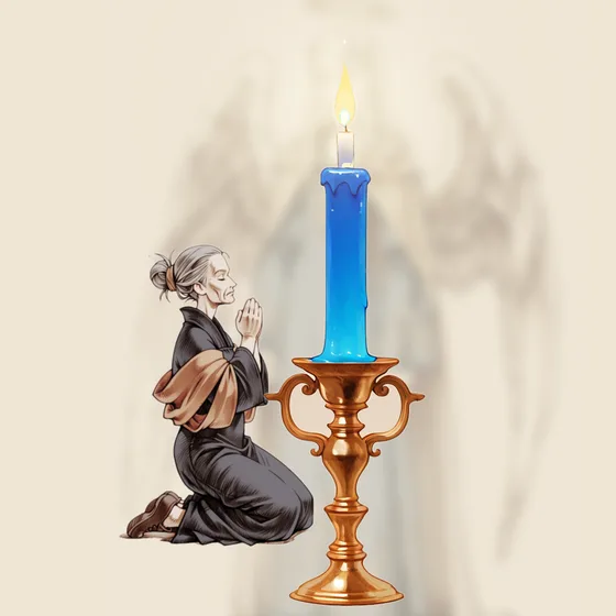 Vela azul acesa num castiçal, uma pessoa orando e o anjo Yeratel ao fundo